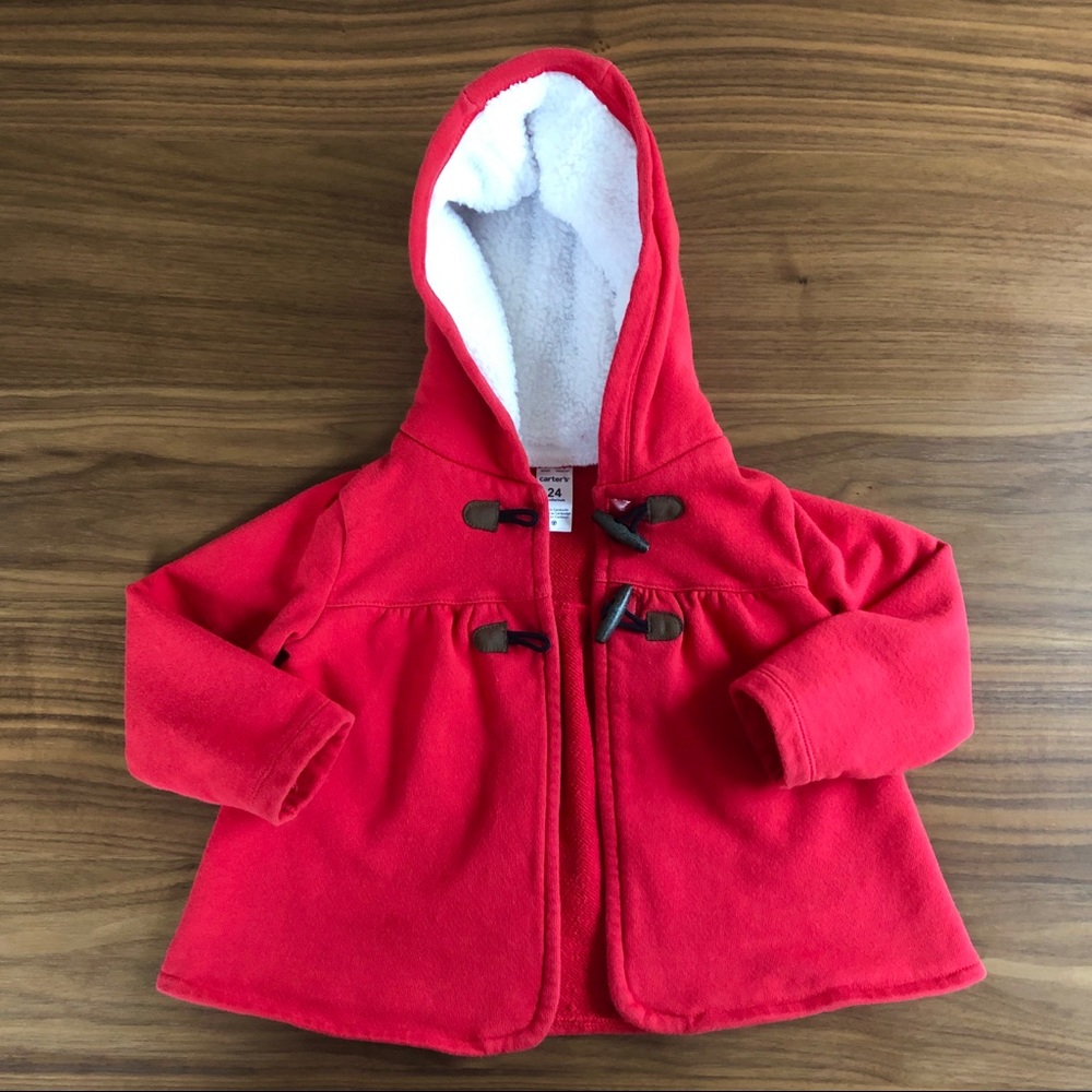 RED Cotton Sherpa Hooded Jacket w/ Toggle Buttons